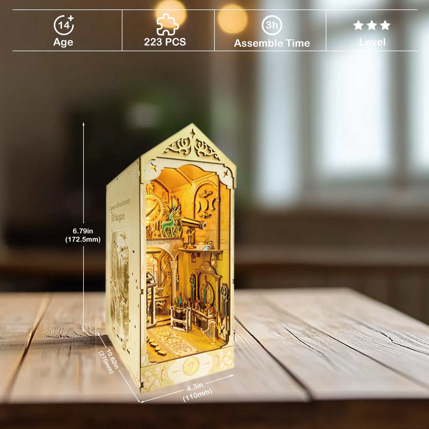 Elf Stargaze Book Nook Kit, DIY Miniature Dollhouse Booknook Kit, 3D Wooden Puzzle Bookend Insertwith LED Light for Teens and Adults