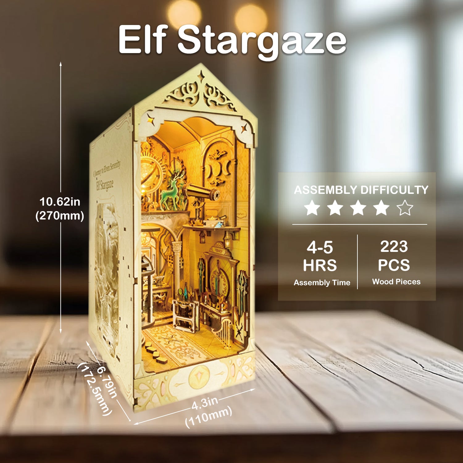 Elf Stargaze Book Nook Kit, DIY Miniature Dollhouse Booknook Kit, 3D Wooden Puzzle Bookend Insertwith LED Light for Teens and Adults