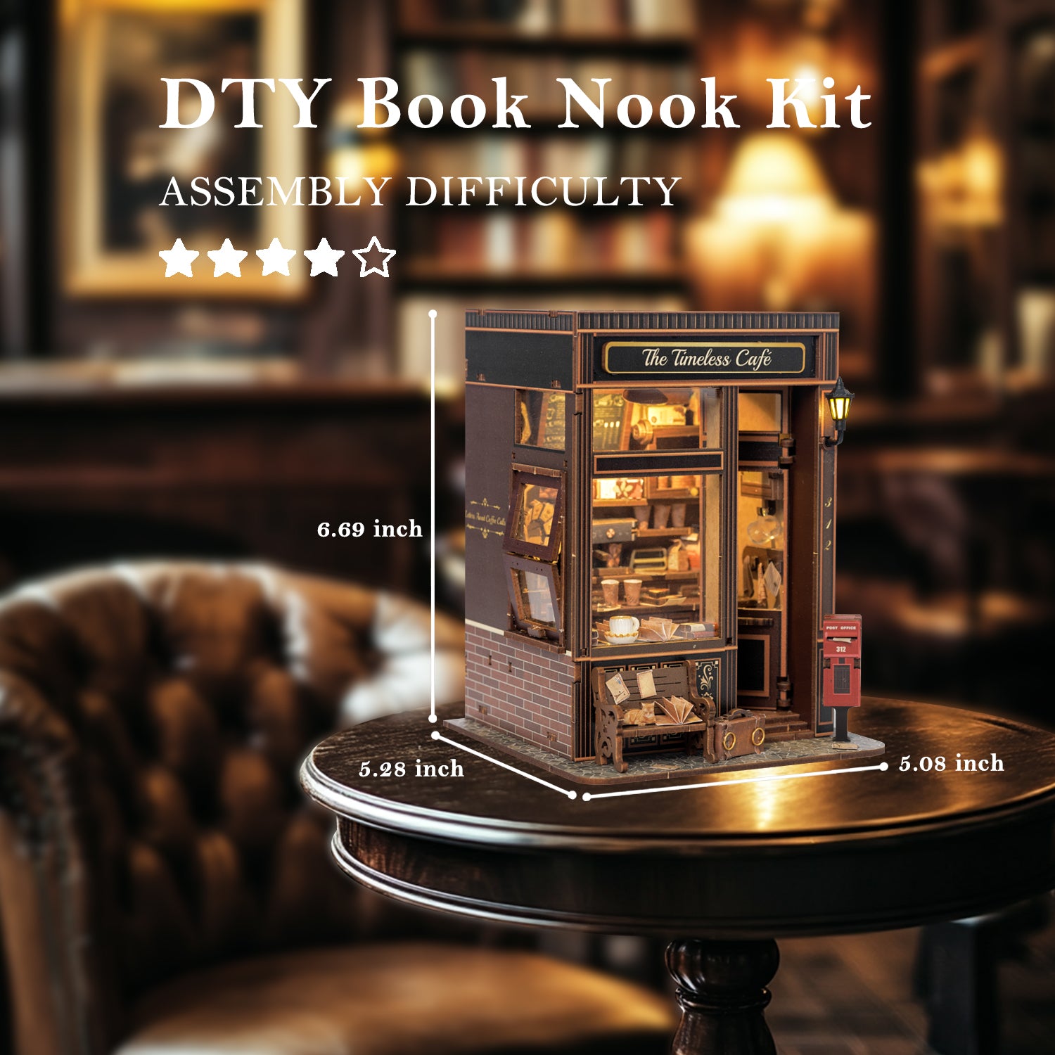 Book Nook Vintage Miniature Dollhouse with LED Lighting, DIY 3D Puzzle Bookshelf for Adults, Coffeehouse Gifts for Book Lovers