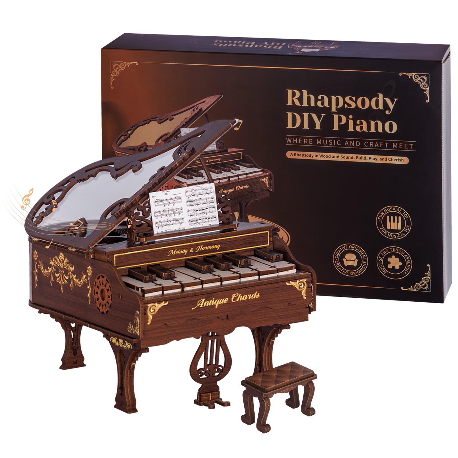 Rhapsody DIY Piano 3D Wooden Puzzle Music Box Kit, Working Keys Interactive 3D Puzzle, Vintage Design Model Kit for Adults