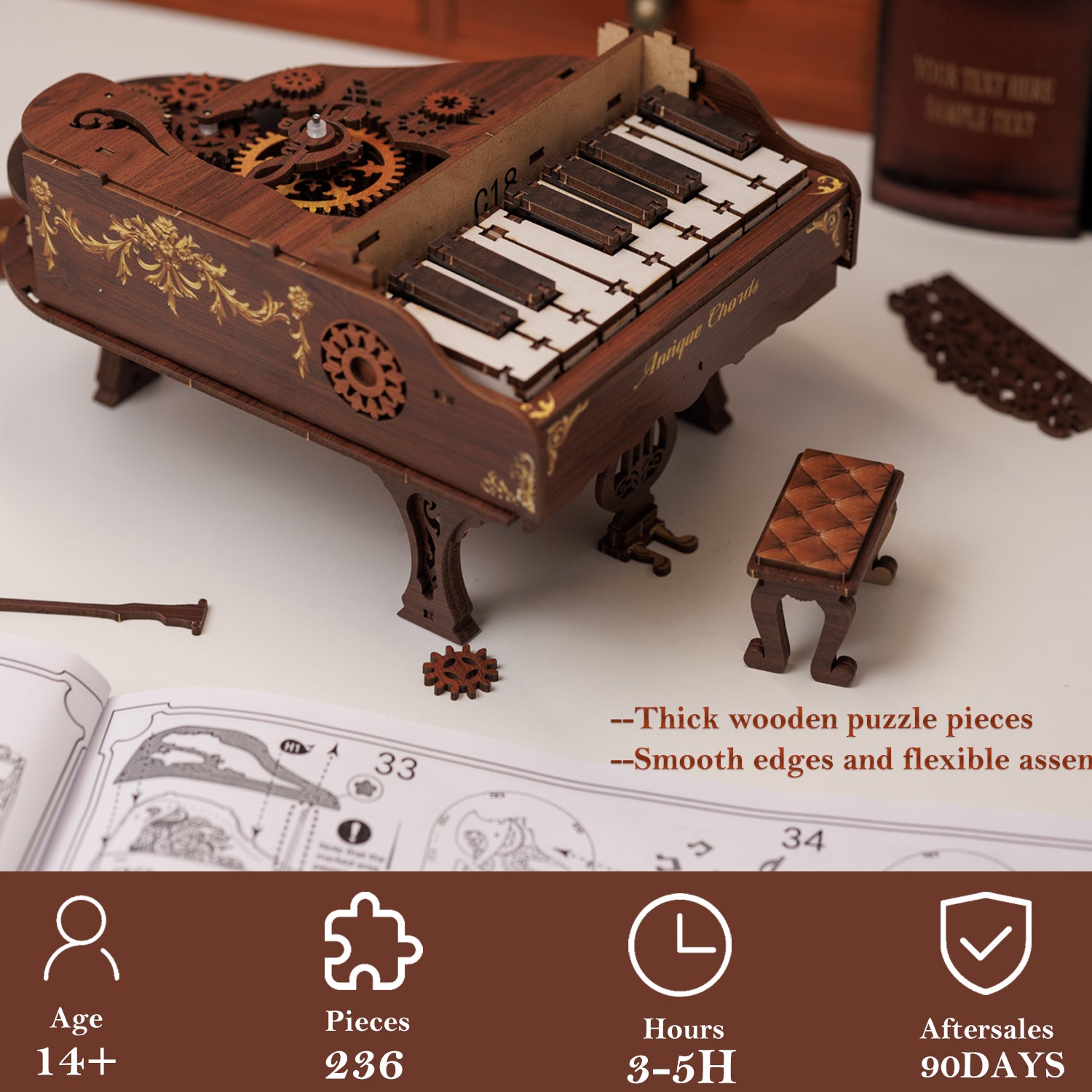 Rhapsody DIY Piano 3D Wooden Puzzle Music Box Kit, Working Keys Interactive 3D Puzzle, Vintage Design Model Kit for Adults