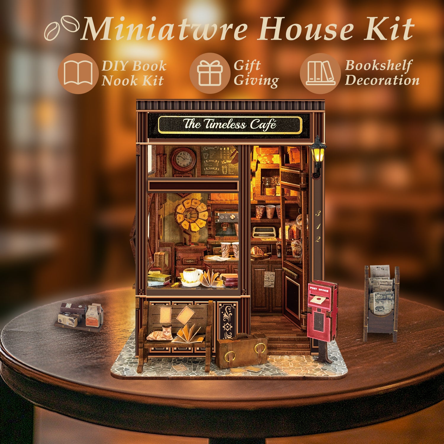 Book Nook Vintage Miniature Dollhouse with LED Lighting, DIY 3D Puzzle Bookshelf for Adults, Coffeehouse Gifts for Book Lovers