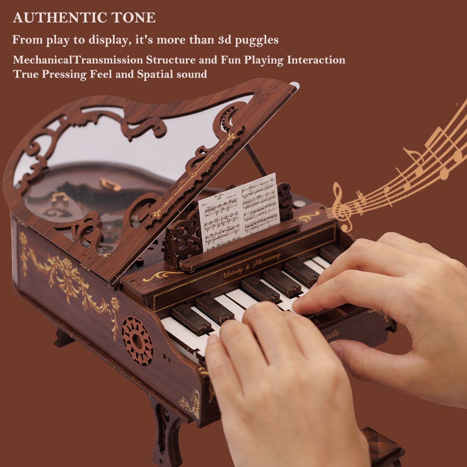 Rhapsody DIY Piano 3D Wooden Puzzle Music Box Kit, Working Keys Interactive 3D Puzzle, Vintage Design Model Kit for Adults