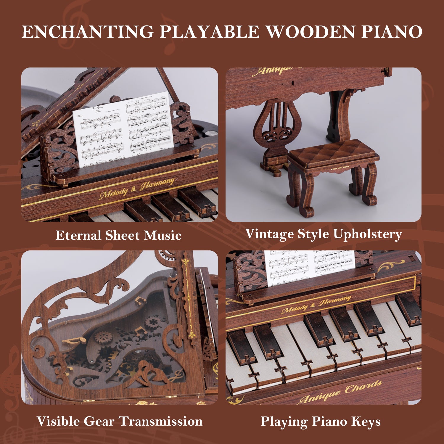 Rhapsody DIY Piano 3D Wooden Puzzle Music Box Kit, Working Keys Interactive 3D Puzzle, Vintage Design Model Kit for Adults