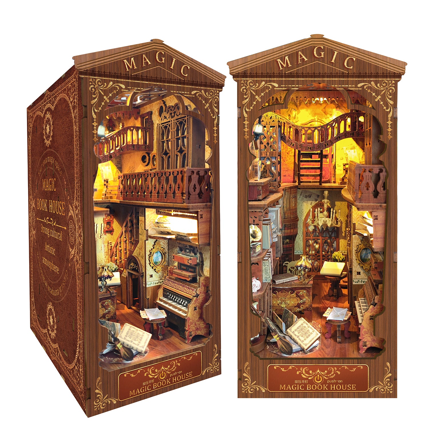 Book Nook Kit, DIY Booknook Stand Miniature Kit 3D Wooden Puzzle Bookendwith Led Light Crafts for Adults and Teens Gift