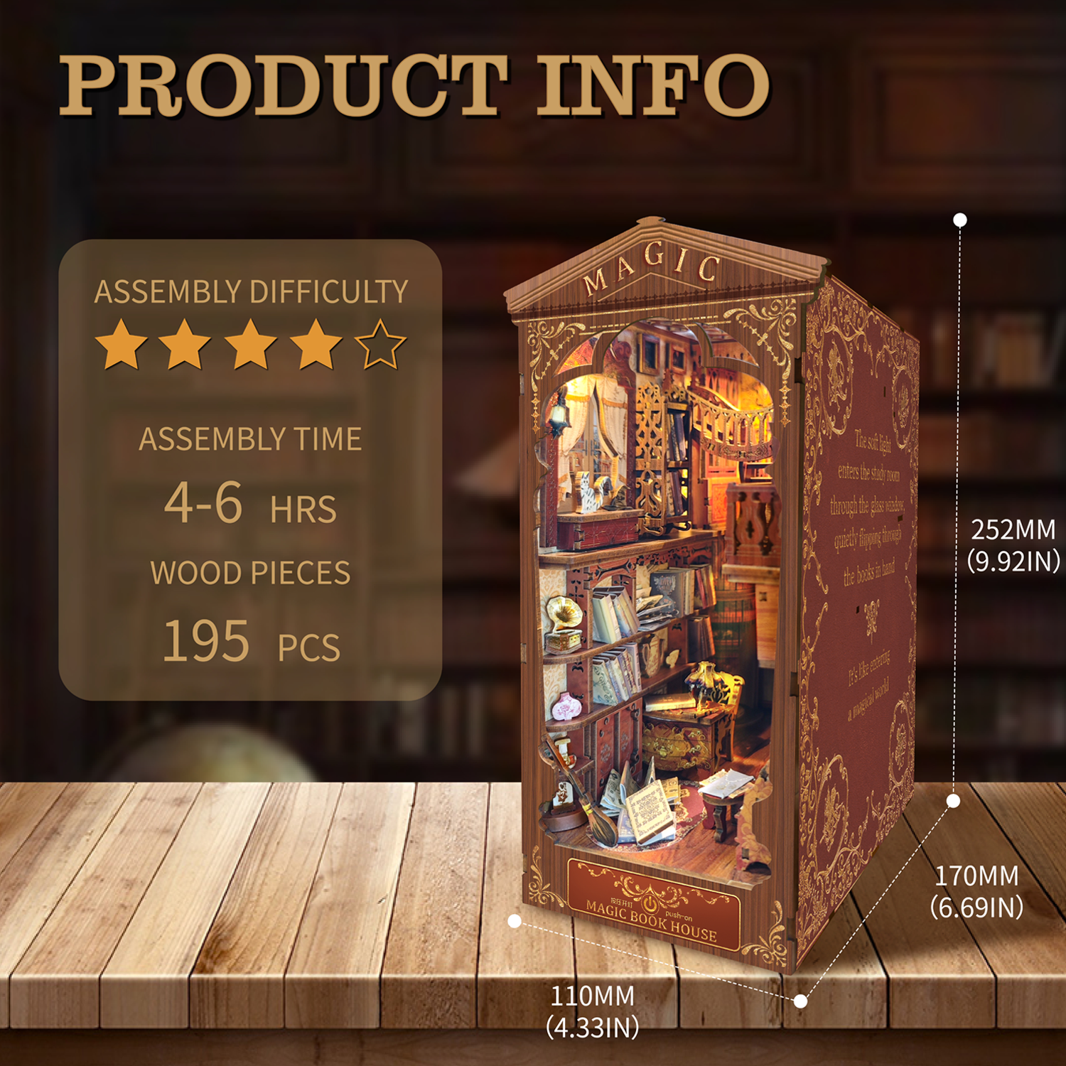 Book Nook Kit, DIY Booknook Stand Miniature Kit 3D Wooden Puzzle Bookendwith Led Light Crafts for Adults and Teens Gift