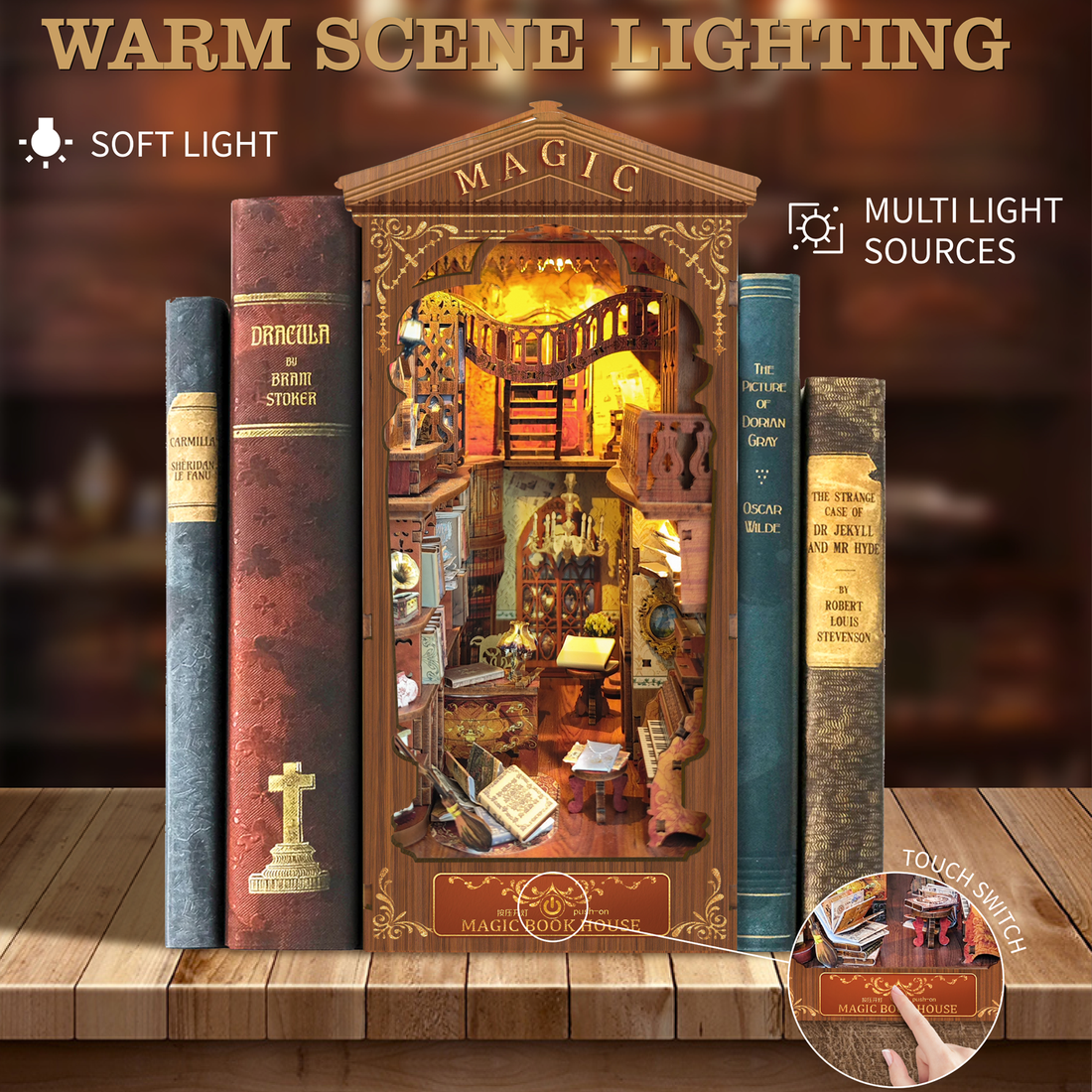 Book Nook Kit, DIY Booknook Stand Miniature Kit 3D Wooden Puzzle Bookendwith Led Light Crafts for Adults and Teens Gift