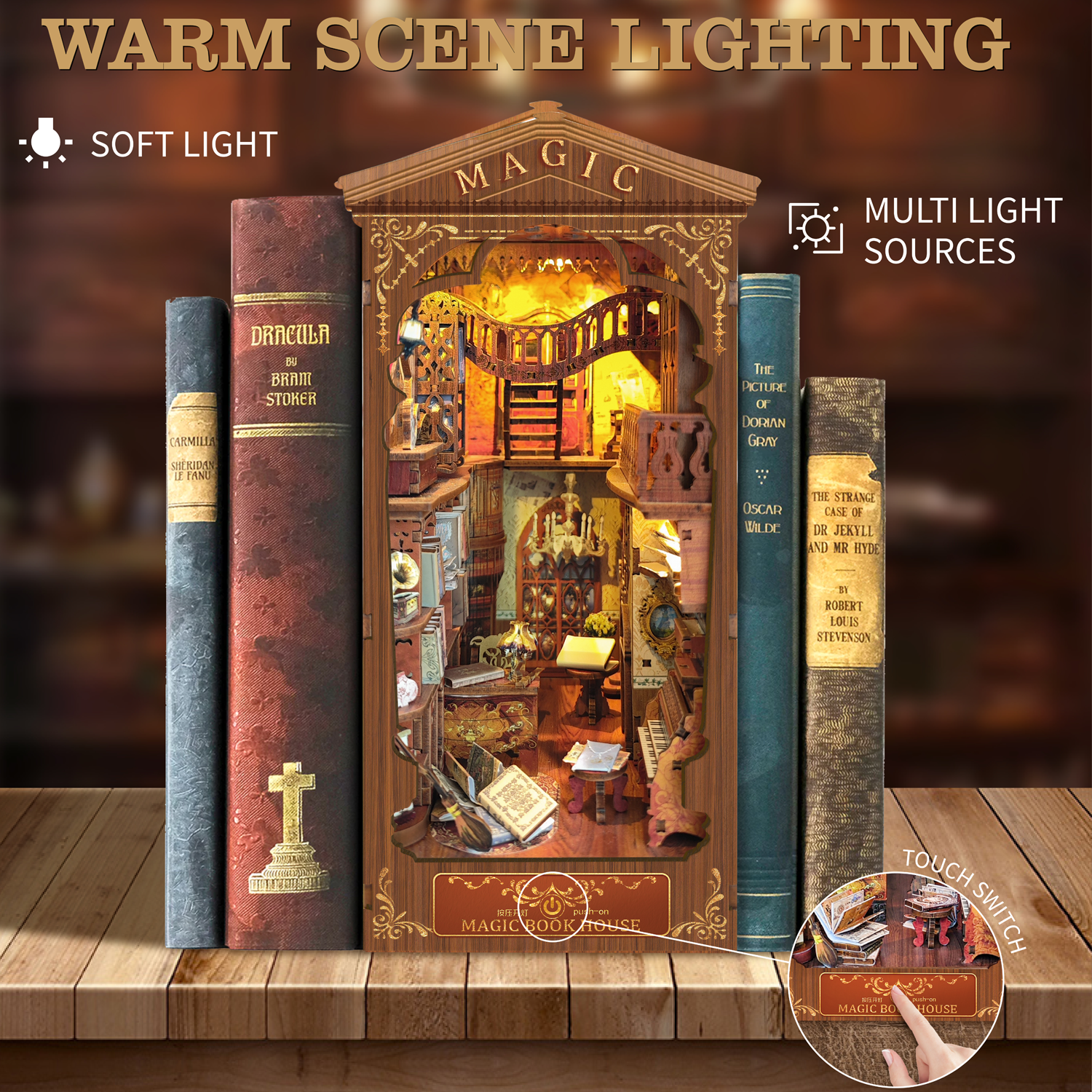 Book Nook Kit, DIY Booknook Stand Miniature Kit 3D Wooden Puzzle Bookendwith Led Light Crafts for Adults and Teens Gift