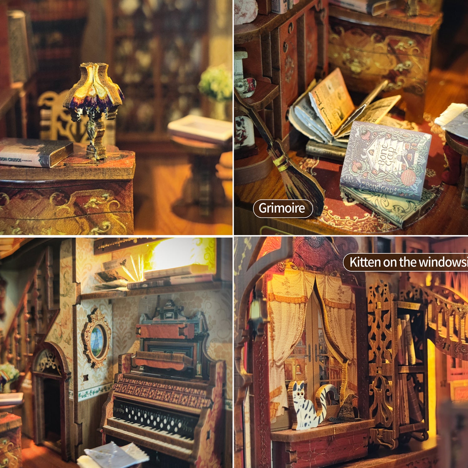 Book Nook Kit, DIY Booknook Stand Miniature Kit 3D Wooden Puzzle Bookendwith Led Light Crafts for Adults and Teens Gift