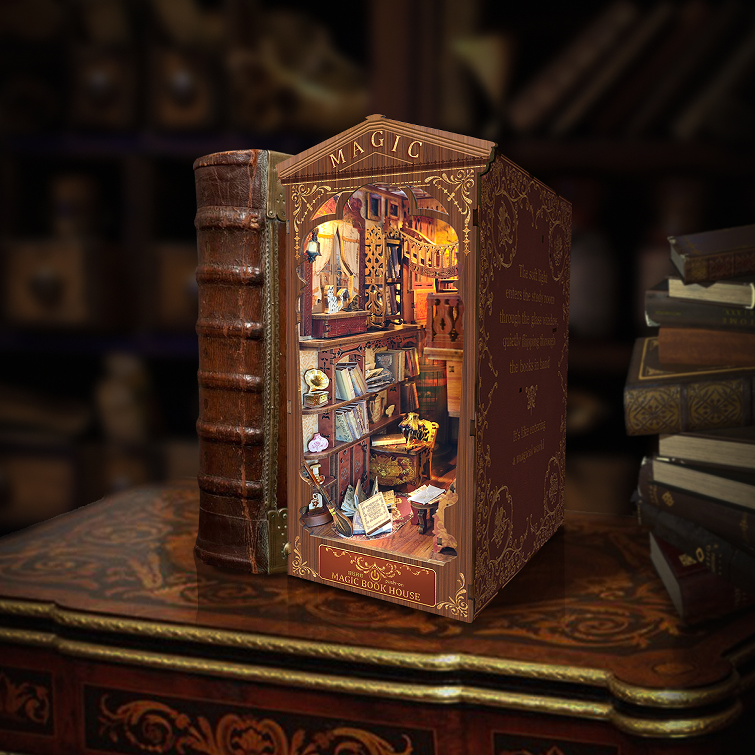 Book Nook Kit, DIY Booknook Stand Miniature Kit 3D Wooden Puzzle Bookendwith Led Light Crafts for Adults and Teens Gift