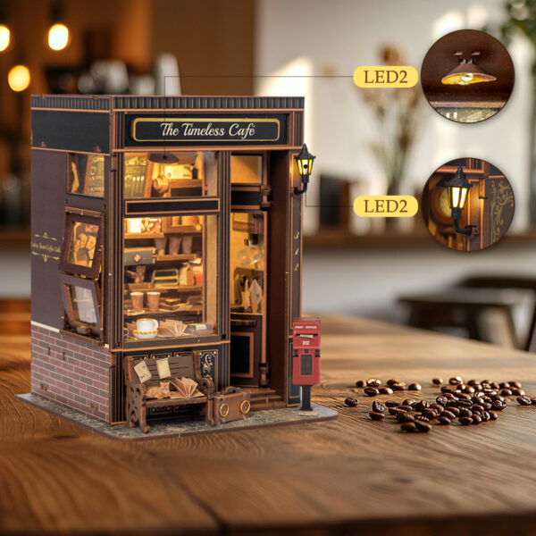 The Timeless Cafe Book Nook Vintage Miniature Dollhouse with LED Lighting - 图片 4